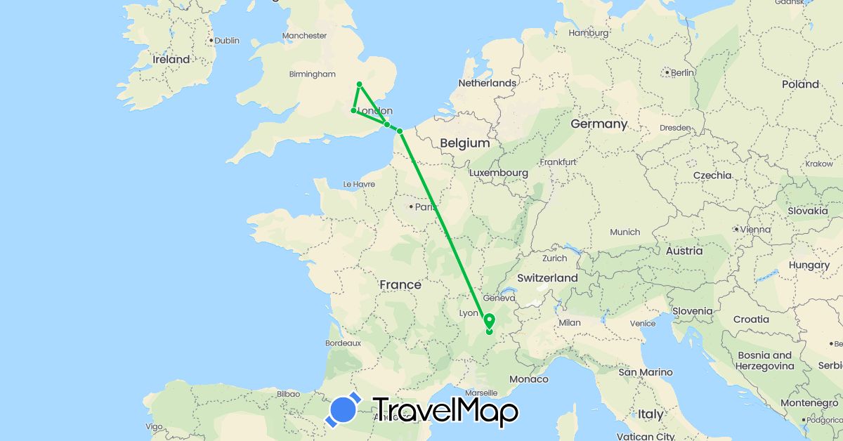TravelMap itinerary: driving, bus, boat in France, United Kingdom (Europe)